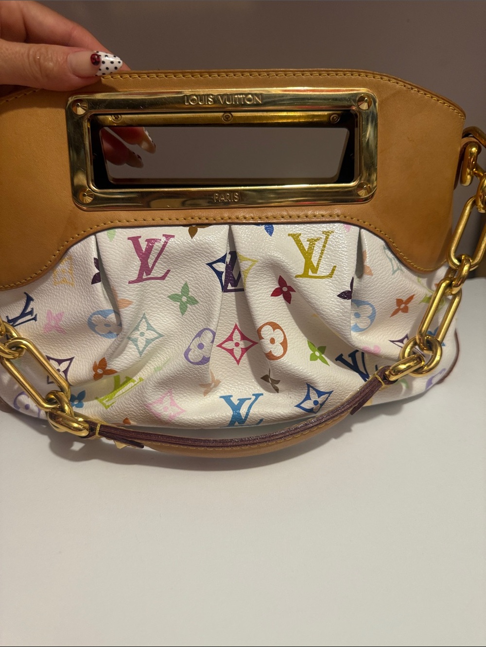 Authentic!! Louis Vuitton White Multicolor Monogram Canvas Clutch with Tan Trim - Picture 10 of 14